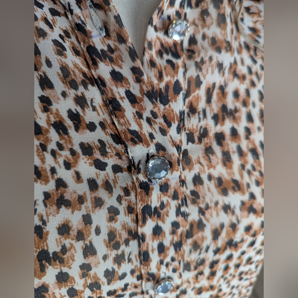 River Island Sheer Leopard Print Ruffle Button Down Shirt W/ Rhinestone Buttons - Picture 3 of 9